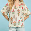 Umgee Floral Print Puff Sleeve Scallop Hem Blouse - CREAM