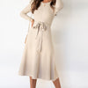 Round Neck Long Sleeve Tie Waist Sweater Dress - Beige