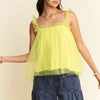 Davi & Dani Shirred Ruffle Strap Tulle Babydoll Top - Lemon