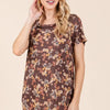 BOMBOM Lightweight Floral Round Neck Short Sleeve T-Shirt - Chocolate