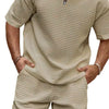 Men's Full Size Zip Collar Short Sleeve Top and Shorts Set Plus Size - Khaki