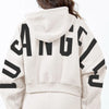 American Bazi Letter Graphic Long Sleeve Drawstring Cropped Hoodie - Beige