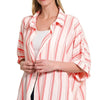 Zenana Woven Yarn-Dye Stripe Oversized Button Down Shirt - WHITE/CORAL