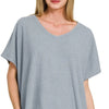 Zenana Ribbed V-Neck Short-Sleeve Knit Top - BLUE GREY