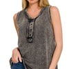 Zenana Washed Half-Button Raw Edge Sleeveless Henley Top - ASH BLACK
