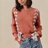 SO ME Checkered Plaid Tape Lace Up Ribbed Sweater - RUST