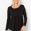 Be Stage Full Size Texture Babydoll Round Neck Long Sleeve Knit Top - Black