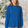 Full Size Ribbed Round Neck Slit Knit Top - Blue
