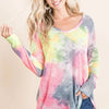 BiBi Tie Dye Print Low Gauge Knit Top - NEON PINK/GREY