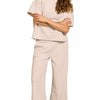 Zenana Ribbed Round Neck Tee & Pants Set - SAND BEIGE