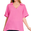 Zenana Double Gauze Short Sleeve High-Low Top - LT FUCHSIA