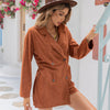 Lapel Collar Long Sleeve Romper - Caramel