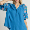 Umgee Full Size Half Button Top with Embroidery Sleeves Plus Size - Cerulean