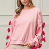 BiBi Velvet Ribbon Bows Long Sleeve Round Neck Sweatshirt - Pink
