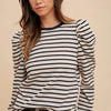 Annie Wear Striped Round Neck Puff Sleeve French Terry Top - Black