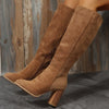 Point Toe Block Heels Boots - Khaki