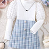 Children's Puff Sleeves Top and Plaid Skirt Set - Light Blue