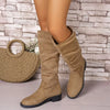 Round Toe Block Heels Boots - Khaki