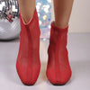 Mesh Block Heel Boots - Red