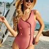 Decorative Button Wide Strap One-Piece Swimwear - Watermelon pink