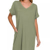 Zenana Brushed Dty Rolled Short Sleeve V-Neck Dress - ASH JADE
