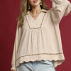 Umgee Full Size Linen Scallop Hem Blouse with Contrast Trim Plus Size - OATMEAL