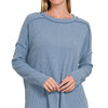 Zenana Ribbed Drop Shoulder Round Neck Sweater - DENIM