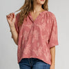 Umgee Full Size Notched Button Detail Half Sleeve Blouse Plus Size - Dusty Pink