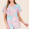 BOMBOM Floral Short Sleeve T-Shirt - Aqua-Pink