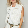 POL Assymetrical Front Closure Raw Hem Floral Denim Vest - IVORY/APRICOT FLORAL