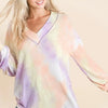 BiBi Tie Dye French Terry V-Neck Top with Puff Sleeves - LAVENDER MULTI