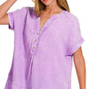 Zenana Washed Double Gauze 3/4 Button Henley Neck Shirt - B LAVENDER