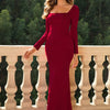 Square Neck Long Sleeve Dress - Wine