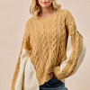 BiBi Cable Knit With Hacci Combo Sweater With Uneven Hem Detail - LT MUSTARD/IVORY