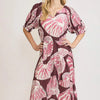 Umgee Full Size Printed Notched Puff Sleeve Midi Dress Plus Size - PLUM/MAUVE