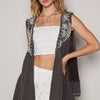 POL Embroidered Pearls Open Front Sleeveless Cardigan - Charcoal