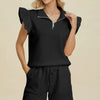 Double Take Full Size Texture Flounce Sleeve Top and Shorts Set - Black