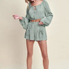 MABLE Gauze Long Sleeve Button Crop Top and Short Set - Dusty Sage