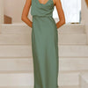 Satin Asymmetrical Midi Dress - Green