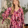 Sew In Love Full Size Printed V-Neck Blouse with Sleeve Knot - Fuchsia/Mustard
