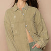 POL Button Down Raw Hem Distressed Shacket - Mocha Herb
