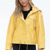 How Dare U Drawstring Hem PU Leather Zip Up Jacket - Pale Yellow