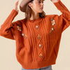 SO ME Embroidered Flower Cable Knitted Sweater - BRICK