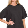 Zenana Full Size Double Knit Side Slits Hi Low Short Sleeve Top Plus Size - BLACK