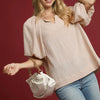 Umgee Texture Puff Sleeve Notched Blouse - STONE