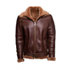 Phans Brown Aviator Bomber Shearling Jacket with Waist Belt - Brown