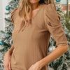 BiBi Verigated Rib Knit Puff Sleeves Shorts Top - TAUPE