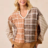 BiBi Plaid And Stripe Mix And Match Top With Open Seam - RUST/DK MOCHA