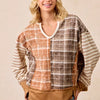BiBi Plaid And Stripe Mix And Match Top With Open Seam - RUST/DK MOCHA