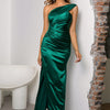 One-Shoulder Ruched Slit Maxi Dress - Green